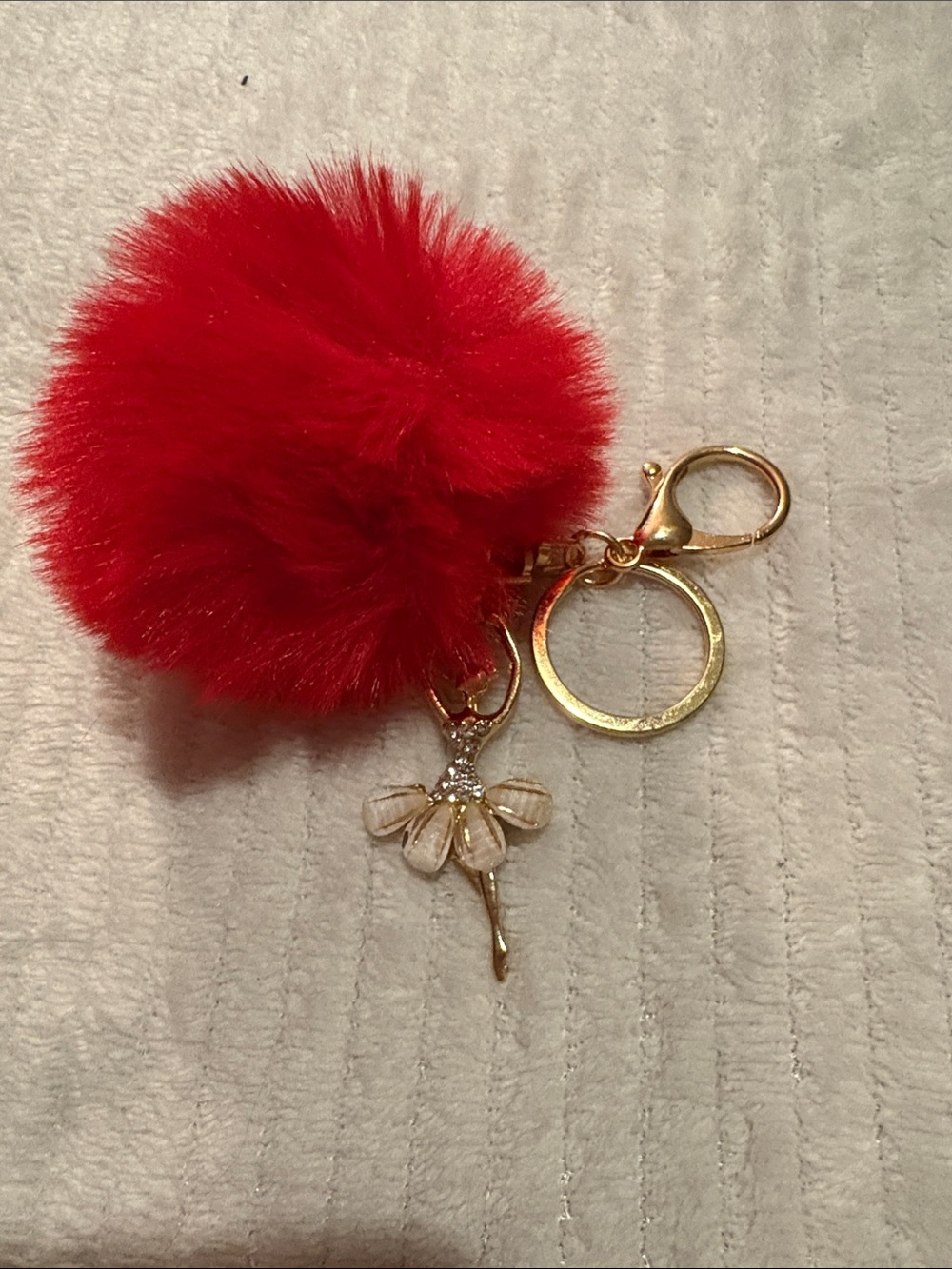Red Pom Pom Keychain with Gold Ballerina Charm